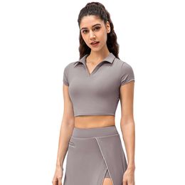 Lu Sport Bra Yoga Align Vest Brand Nylon Spandex Breathable Lightweight Four Way Stretch Open V Neck Golf Wear Women's Polo Shirts Lemon Gy