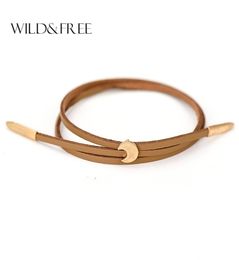 Whole Women New Double Layer PU Leather Bracelets Vintage Worn Gold Zinc Alloy Moon Pendant Adjustable Charm Bangles Jewellery 9480231