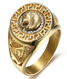 Gold Colour 316L Stainless Steel Lion Head Peace Sign Punk Rock Ring for Men Rings Fashion Party Jewellery Size 7157665060
