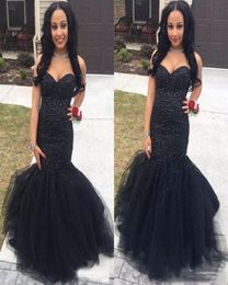 Luxury 2k17 Prom Dresses Sweetheart Mermaid Long Floor Length Black Crystal Beaded Tulle Special Evening Dress Party Pageant Forma8923815