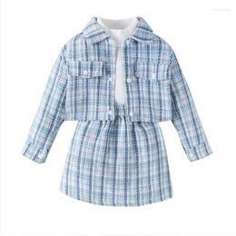 Clothing Sets Autumn Fashion Kids Baby Girls 3PCS Clothes Set Long Sleeve Plaid Jacket Solid Tops Short Skirt Suit Toddler Outfits