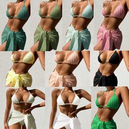 Women's Swimwear 2023 Sexy White Halter 3PCS Tied Skirt Bikini Set Women High Waist Cut Swimsuit Female Push UP Swimwear Backless Bathing Suit T240508