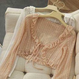 Women's Knits Tees Lace ruffled Y2Y Korean summer cardigan sunny loose jacket womens casual simple and fashionable long sleeved short shirt version for skiingL2405