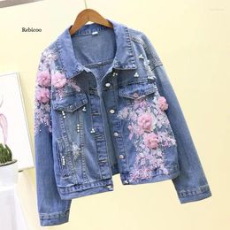 Women's Jackets Autumn Women Denim Jacket Embroidery Three-dimensional Floral Jeans Beading Pearl Ripped Hole Bomber Outerwear