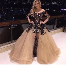 Champagne Off Shoulder Prom Dress Gorgeous Detachable Train Black Lace Applique Long Sleeve Party Dress Sexy Fashion Mermaid Evening Go 298A