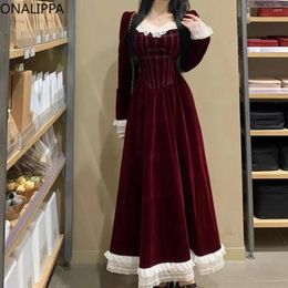 Casual Dresses Onalippa Lace Ruffles Velvet Maxi For Women Chic Design High Waist Square Collar Dress Korean Flare Long-sleeve Vestidos