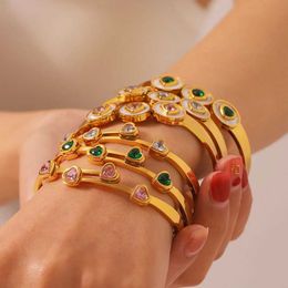 Bangle Flashbuy Romantic Chic Zircon Love Heart Stainless Steel Bangles Bracelets for Women Gold Plated Waterproof Fashion Jewellery T240509