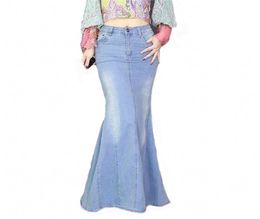 Big Fish Tail Denim Skirt Women Mermaid Stretchy Light Blue Long FloorLength Trumpet Empire High Waist Slit Jeans J97397 2104212708500