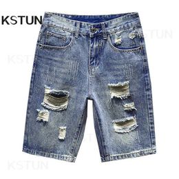 Men's Shorts Open top jeans mens denim shorts hip-hop slim fit straight blue hollow motorcycle and bicycle jeans Kn pants 2024 summer shorts boys Y240507