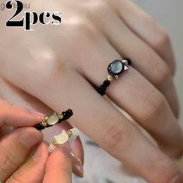 Couple Rings Couple Moon Stone Ring Natural Obsidian Beads Cute Black and White Mini Cat Handmade Minimalist Elastic Rope Womens Jewellery WX