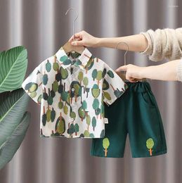 Clothing Sets Boys Summer Outfits Set Korean Style Clothes For Kids Printed Tree Turn-down Collar Shirts Tops And Shorts Toddler Tracksuits