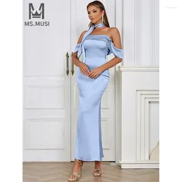 Casual Dresses MSMUSI 2024 Fashion Women Sexy Halter Off The Shoulder Draped Sleeveless Bodycon Party Club Event Satin Maxi Dress Long Gown