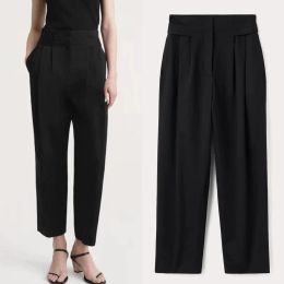 Women 2024 Summer Black Cotton Loose High Waist Tapered Double Pleated Casual Pants