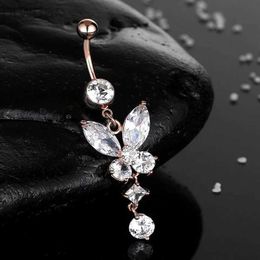 Navel Rings Fashion Shiny Butterfly Flower Zircon Pendant Stainless Steel Belly Button Ring Beautiful Navel Piercing Body Fashion Jewellery d240509
