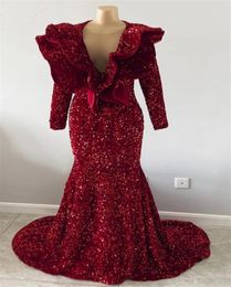 Sparkle Burgundy Sequined Prom Dresses RuffleS Sheer Jewel Neck Long Sleeve Mermaid Evening Gowns For African Girls Met Gala Eveni3035485