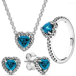 Stud Earrings Authentic 925 Sterling Silver Elevated Heart Earring Ring Necklace With Lightblue Crystal Fit Europe Bracelet Jewelry Set Gift