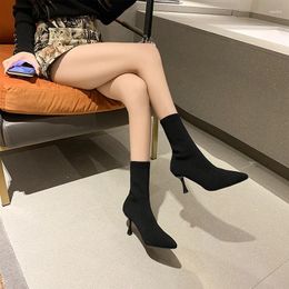 Boots Large 43 Autumn High Kitten Heels Slip-On Women's Shoes Pointed Stiletto Black Stretch Thin Sexy Comfort Socks