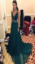 Emerald Green Cheap Evening Dresses 2019 Long With Sash Beads Sequins A Line Deep V Neck Formal Prom Gowns3524370