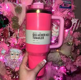 Pink Parade H2.0 40oz Stainless Steel Tumblers Cups with Silicone handle Lid And Straw Travel Car mugs Keep Drinking Cold Water Bottles