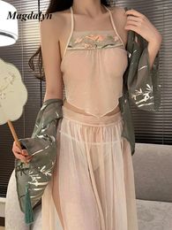 Work Dresses Magdalyn Women Vintage Exotic Hanfu Skirt Suit Sexy Sleepwear Intimate Cosplay Costume Fashion 3pcs Mesh Transparent Pyjamas