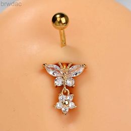 Navel Rings 1PC Stainless Steel Fashion Shiny Butterfly Flower Zircon Pendant Belly Button Ring Beautiful Navel Piercing Sexy Body Jewellery d240509