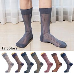 Men's Socks Men Middle Tube Thin Silk Elegant Business Dress Crew Nylon Breathable Hosiery Striped Jacquard Loose Casual