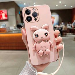 Cell Phone Cases 3D Cute Rabbit Folding Holder Stand Phone Case For iPhone 14 13 12 11 Pro Max XS X XR 7 8 6 6s SE2 Mini With Lanyard Soft Cover J240509