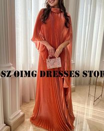 Party Dresses OIMG Design High Neck Pleated Prom Arabic Women Cap Sleeves Satin A-Line Orange Evening Gowns Formal Dress