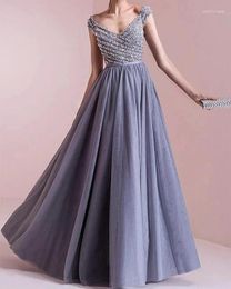 Party Dresses Luxury Silver A-line Engagement Formal Evening Dress V-neck Beading Sweep Train Tulle Prom Gowns Vestidos De Festa