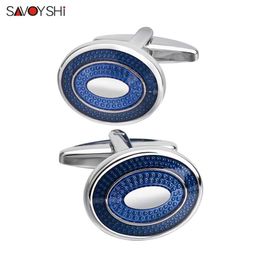 Cuff Links SAVOYSHI Latest Blue Enamel Mens Cufflinks Brand Oval Cufflinks Mens Business Gifts Free Customization Name Q240508