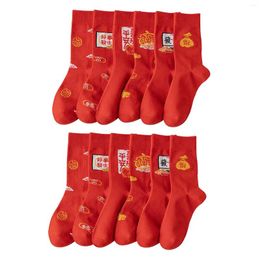 Women Socks 6 Pairs Year Crew Warm Soft Lightweight Tube Mid Calf Red For Christmas Birthday