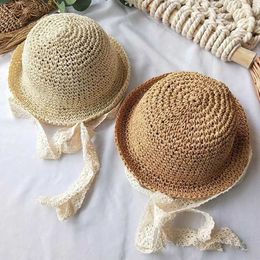 Caps Hats Summer Korean boys and girls straw hat lace shoulder strap crochet childrens handmade folding sun hat lace beach sun hat d240509