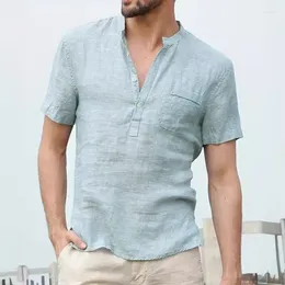 Men's Casual Shirts 2024 Summer Cotton And Short Sleeved Top T-shirt Stand Up Neck Button Half Open Front Simple Shirt