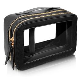Transparent double-sided cosmetic bag gold zipper PU Saffiano leather transparent makeup travel gym toilet bag 240429