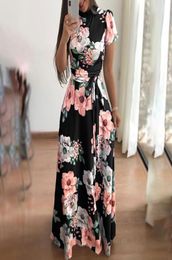 Casual Dresses Summer Autumn Dress 2021 Short Sleeve Long Boho Floral Print Maxi Turtleneck Bandage Elegant Vestido4882199