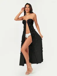 Women Beach Cover Up Flower Embellished See-Through Strapless Summer Swimsuit Coverup Bathing Suit Ups Dress
