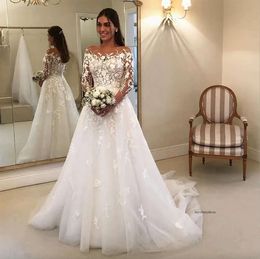 Flawless Long Sleeves Lace Wedding Dresses Sheer Bateau Neck A Line Covered Button Back Bridal Gowns Tulle Sweep Train robe de mariee 0509