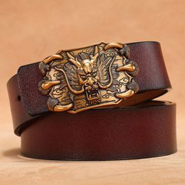 Lion Head 3D Gold Silver Buckle Belt Men Real Cowskin Genuine Leather Belt Plus Size 140cm 150cm Black Brown Belts Vintage 2020 261T