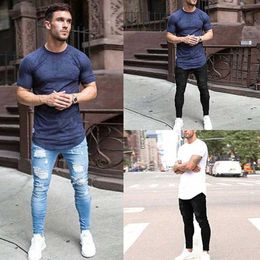 Men's Jeans Mens jeans tight hip-hop sky blue mens elastic cracking ultra-thin fit denim distressed high-quality Q240509