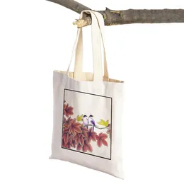 Shopping Bags Chinese Ink Bird Bamboo Flower Women Bag Cartoon Animal Print Canvas Lady Travel Tote Shopper Supermarket Handbag