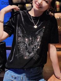 Women's T Shirts Fashion Cartoon Rhinestone Velvet Short-Sleeved T-shirt Women Clothes 2024 Spring Suumer Loose Round Collar Black Top