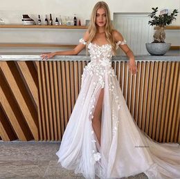 Beautiful Floral Leaf Lace Rustic Country Wedding Dresses Sexy Off Shoulder Thigh High Split Boho Beach Bridal Gowns Maternity Tulle A Line Vestidos De Novia 0509