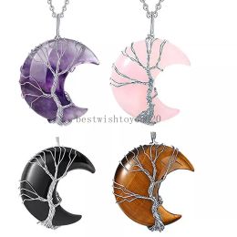 Tree Of Life Wire Wrapped Natural Gemstone Crescent Moon Pendant Necklace Healing Crystal Stone Necklaces Natural Quartz Jewellery