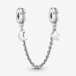 100% 925 Sterling Silver Half Moon and Star Safety Chain Charms Fit Original European Charm Bracelet Fashion Women Wedding Engagement J 268H