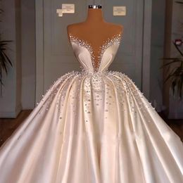 New Luxury Wedding Dresses for Women Pearls Beading 2024 Sheer Neck Satin Court Train Bridal Gown Princess Bride Dress Vestido De Novia