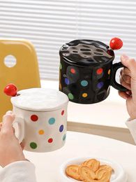 Mugs Simple And Colorful Polka Dot Ceramic Cup With Lid Spoon Water Nordic Style Couple Mug Office Coffee