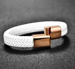 2021 Chic Braided Men Bracelet White Leather Bracelet Titanium Steel Clasp Male Jewellery Gold Rose Gold Silver Color7668327