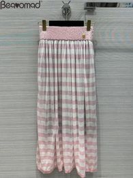 Skirts Fashion Designer Summer Pink Striped Long Skirt Women's Party Button Thin Style Elegant Big Swing