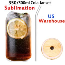 Local warehouse Sublimation 16oz clear frosted Glass tumbler can Creative Sequins Can shape Bottle Summer Drinkware Coffee with wood li 216g