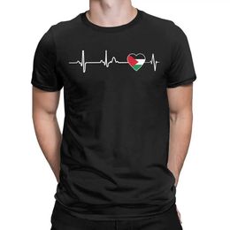 Men's T-Shirts Heart rate Palestinian flag mens T-shirt vintage cotton T-shirt round neck T-shirt short Sve clothing plus size T240508